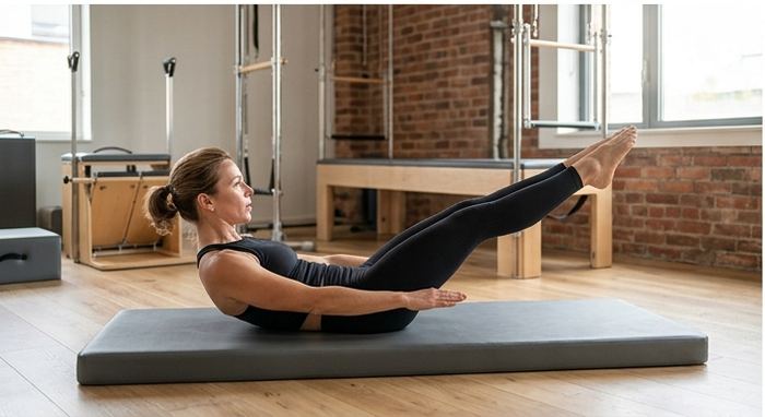 Pratiquante au sol en exercice de Pilates