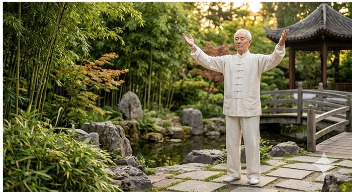 Pratiquant de Qi gong dans un jardin japonais