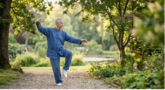 Pratiquant en mouvement de Tai-chi chuan en extérieur